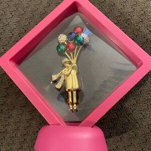 Vintage Man Lifted by Colorful Balloon Brooch with Top Hat and Rhinestone Scarf